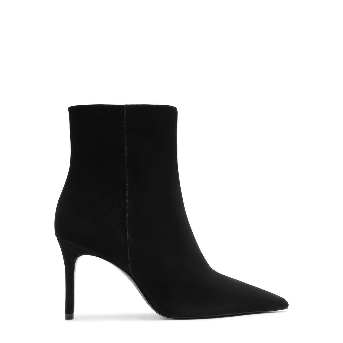 Side view of Mikki Bootie in Black showcasing its pointed toe and stiletto heel with a white background