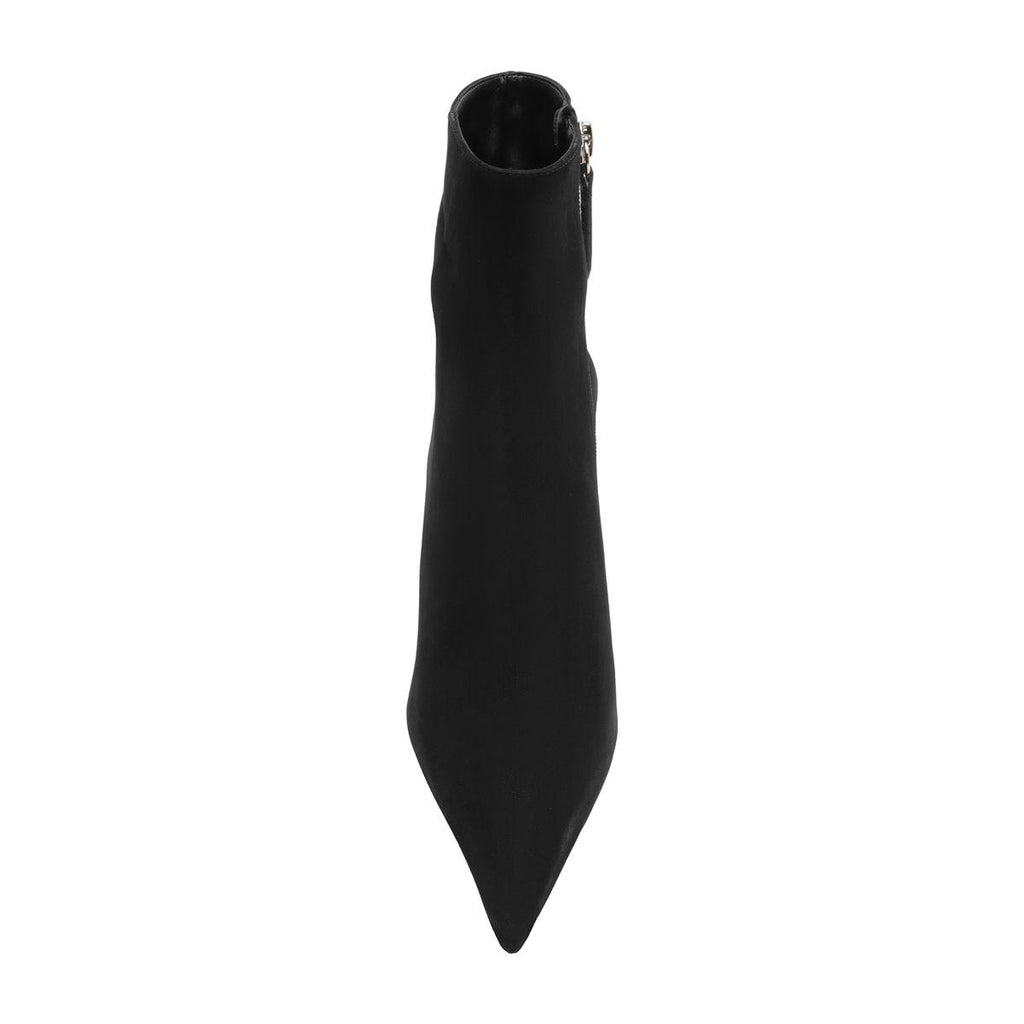 Angled view of black Mikki Bootie showcasing its pointed toe and zip closure against a white background