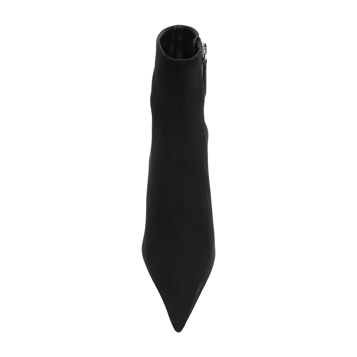 Angled view of black Mikki Bootie showcasing its pointed toe and zip closure against a white background