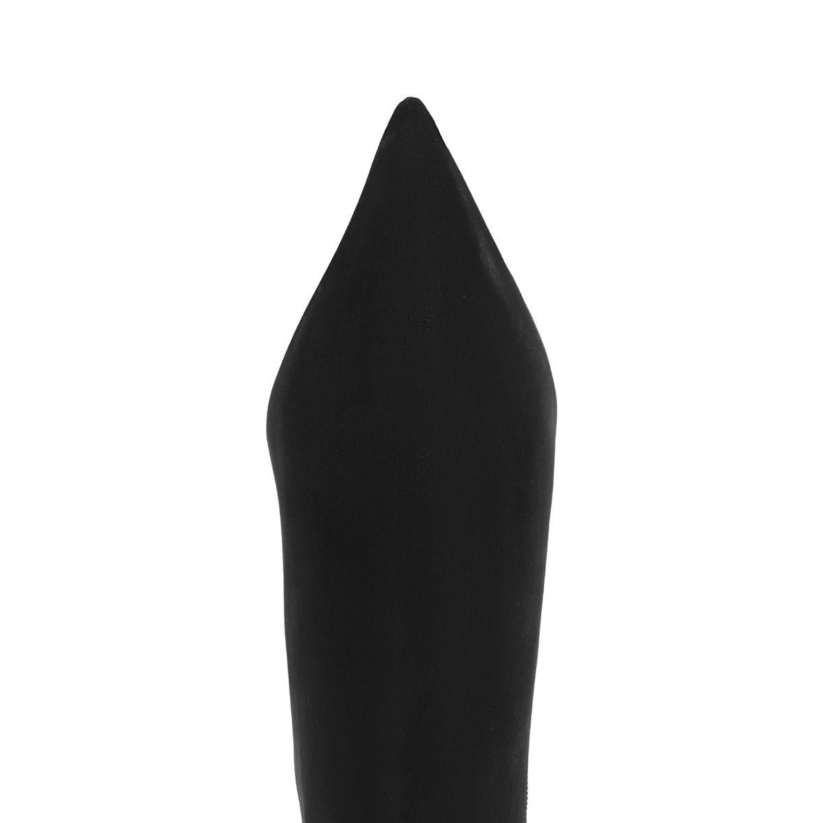Close-up of Mikki Bootie in Black showcasing its sharp pointed toe with a white background