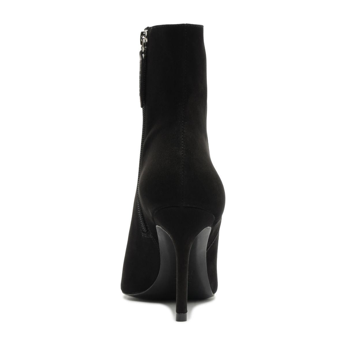 Rear view of Mikki Bootie in Black showcasing its stiletto heel and zip closure against a white background