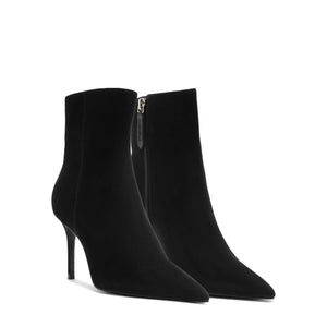 Three-quarter view of Mikki Bootie in Black showcasing pointed toe, stiletto heel, and zip closure on white background