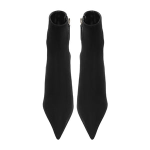 Front view of Mikki Bootie in Black showcasing pointed toes and sleek shafts against a white background