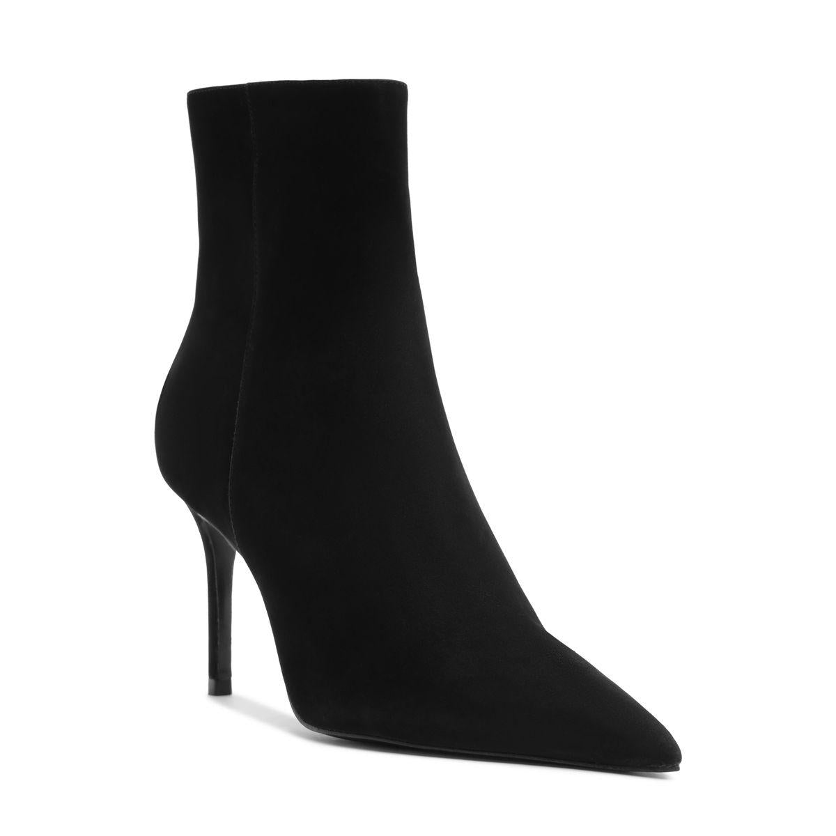 Side view of Mikki Bootie in Black showcasing its pointed toe and stiletto heel against a white background