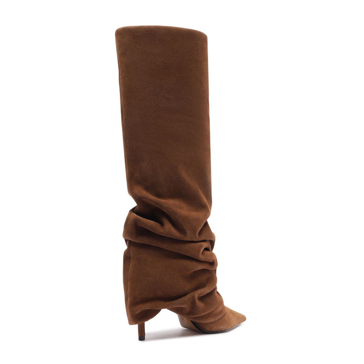 Side view of Mikki Up Cloak suede boot in pecan brown showcasing its slouchy shaft and pointed toe against a white background