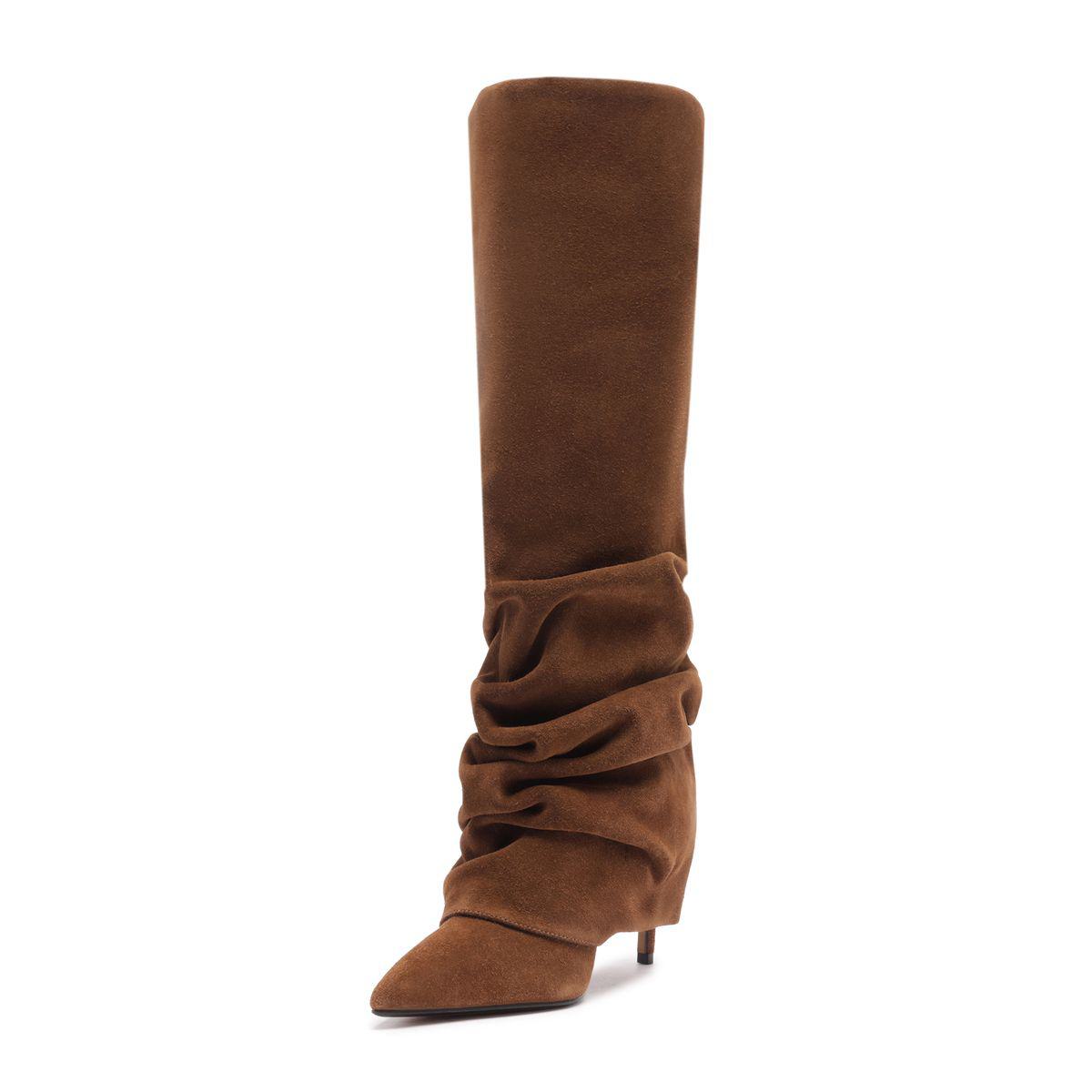 Side view of Mikki Up Cloak suede boot in pecan brown showcasing a slouchy shaft and pointed toe on a white background
