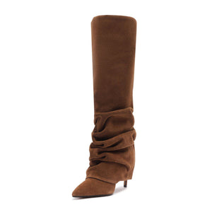 Side view of Mikki Up Cloak suede boot in pecan brown showcasing a slouchy shaft and pointed toe on a white background