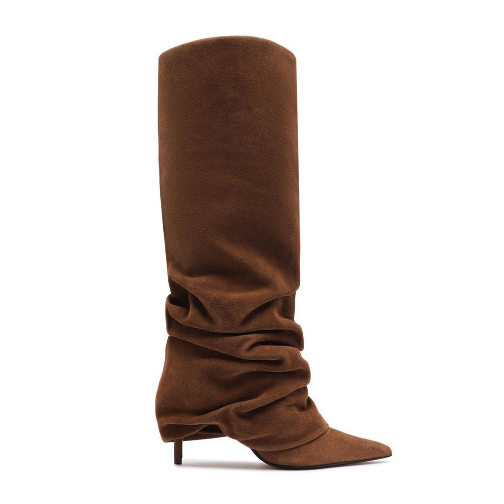 Side view of Mikki Up Cloak Suede Boot in Pecan Brown showcasing tall slouch shaft, pointed toe, and stiletto heel