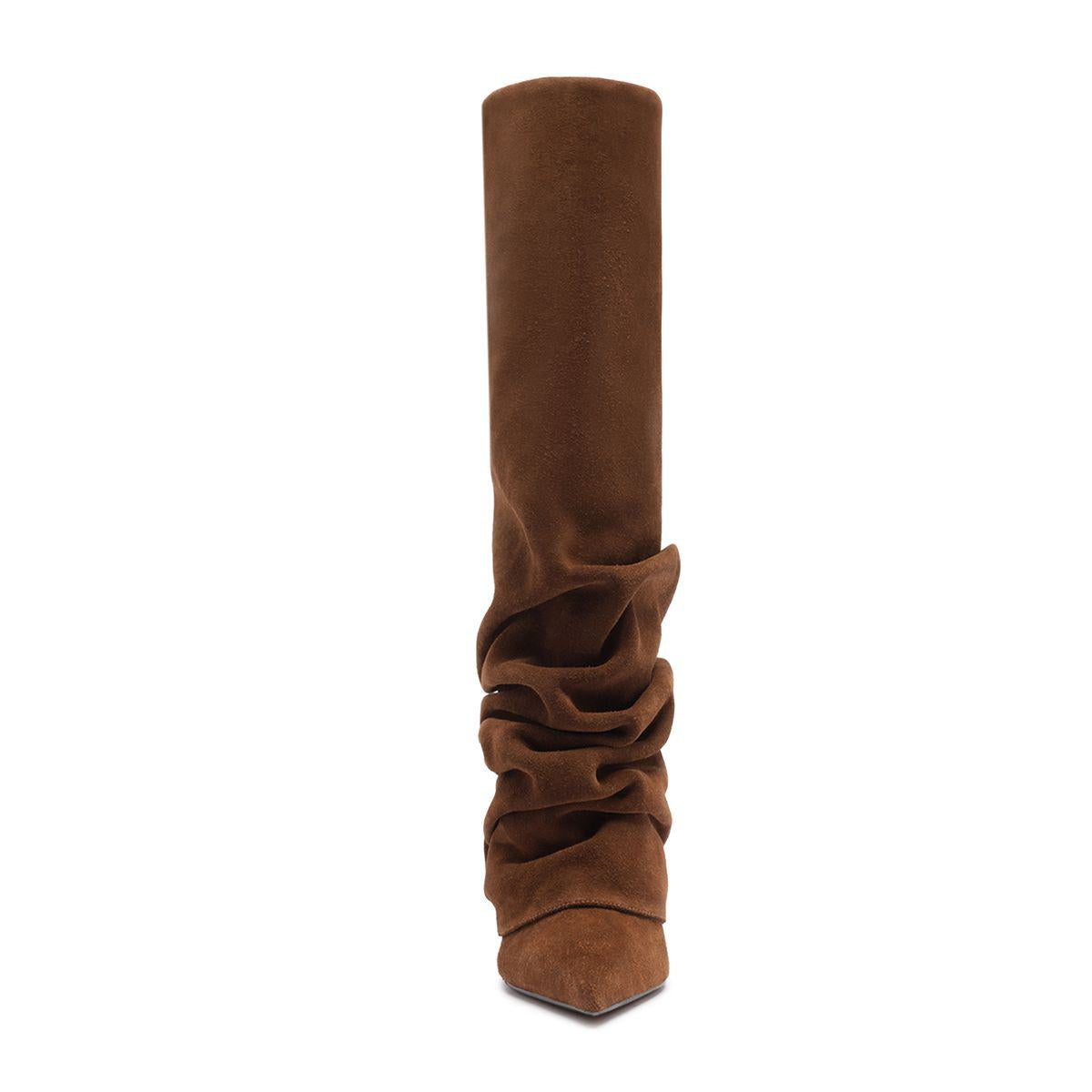 Front view of Mikki Up Cloak suede boot in pecan brown with a ruched shaft and pointed toe on white