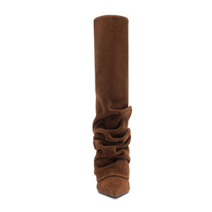 Front view of Mikki Up Cloak suede boot in pecan brown with a ruched shaft and pointed toe on white
