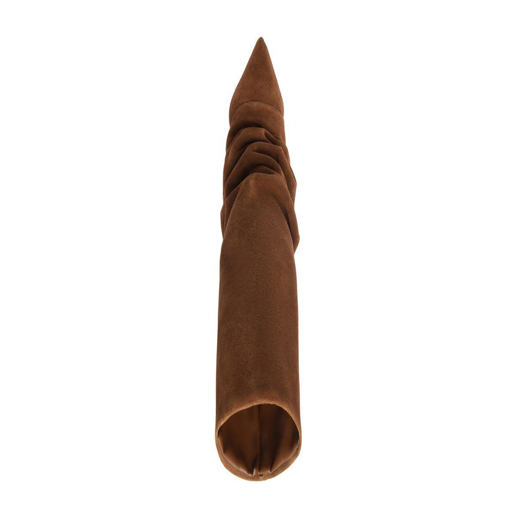 Vertical view of Mikki Up Cloak suede boot in pecan brown showcasing pointed toe and ruched shaft on white background