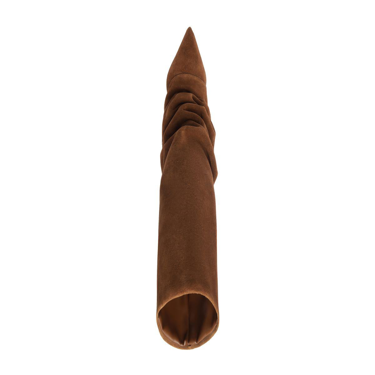 Vertical view of Mikki Up Cloak suede boot in pecan brown showcasing pointed toe and ruched shaft on white background