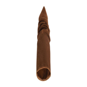 Vertical view of Mikki Up Cloak suede boot in pecan brown showcasing pointed toe and ruched shaft on white background