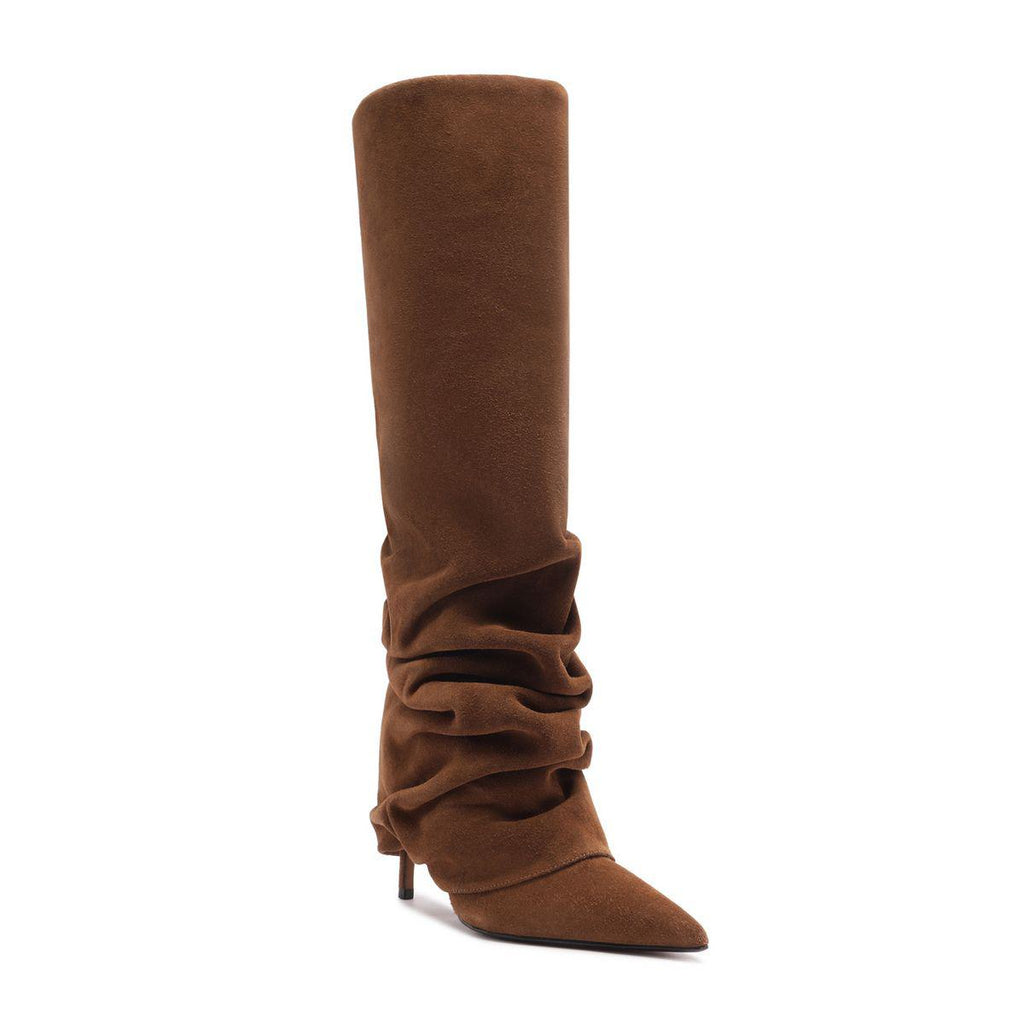 Side view of Mikki Up Cloak Suede Boot in Pecan Brown showcasing tall ruched shaft and pointed toe with white background