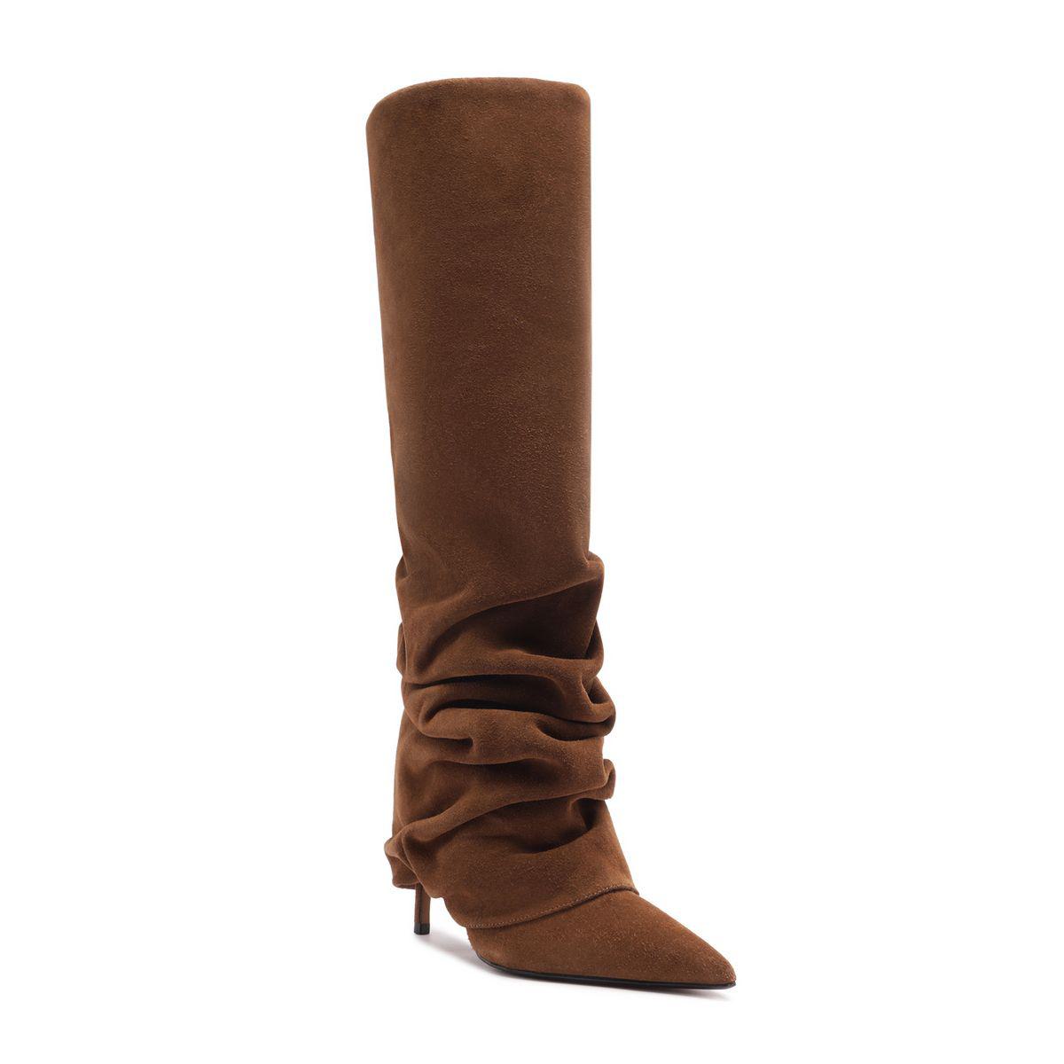 Side view of Mikki Up Cloak Suede Boot in Pecan Brown showcasing tall ruched shaft and pointed toe with white background