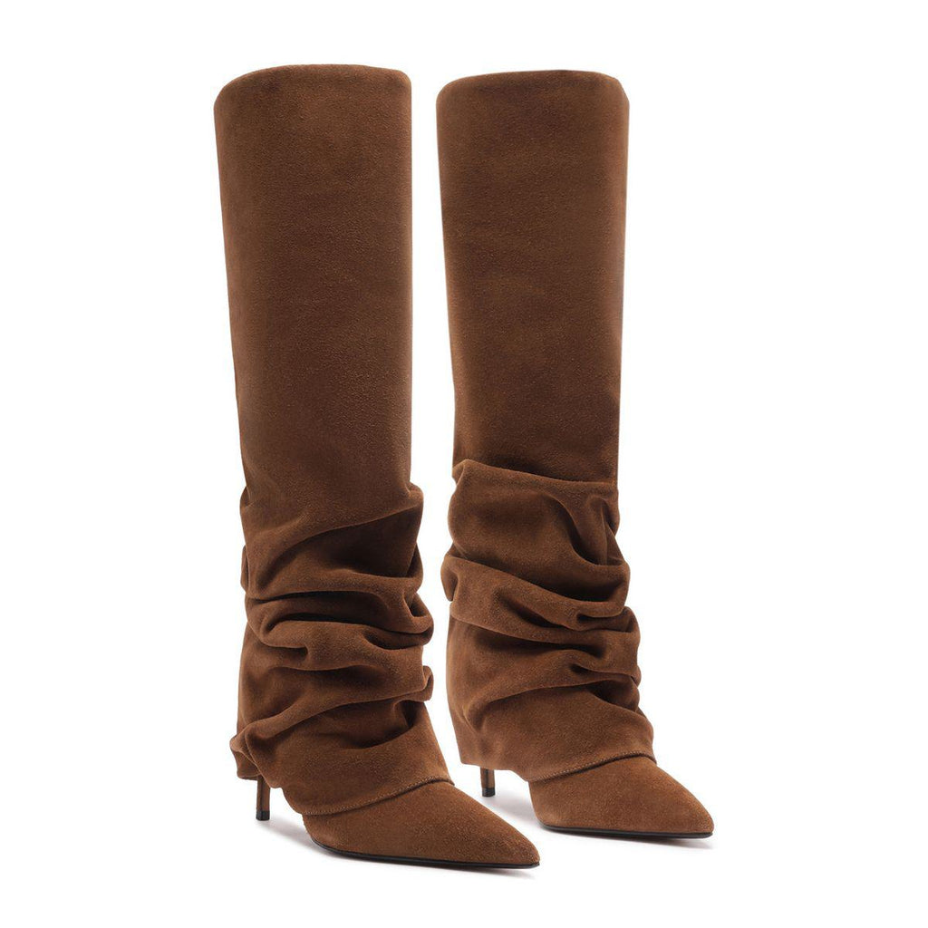 Front view of Mikki Up Cloak Suede Boot in Pecan Brown showcasing ruched shafts and pointed toes with a white background