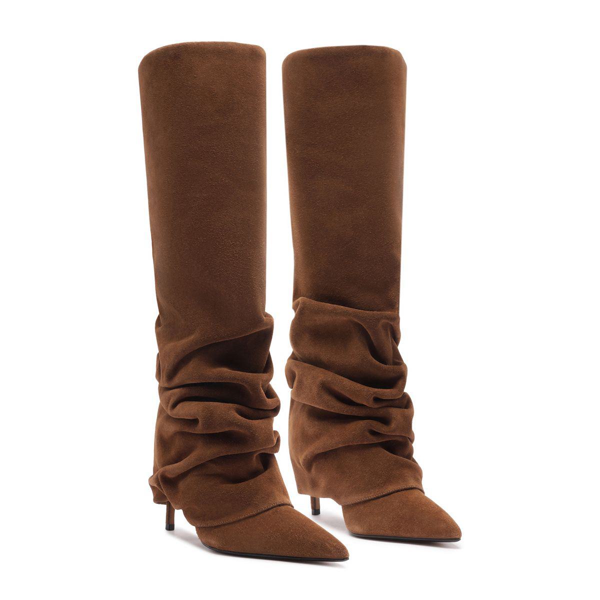 Front view of Mikki Up Cloak Suede Boot in Pecan Brown showcasing ruched shafts and pointed toes with a white background