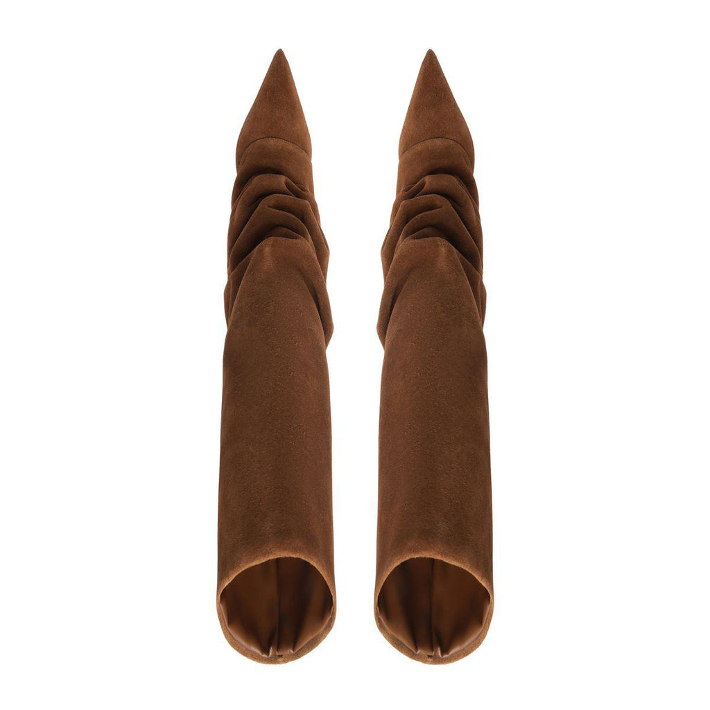 Front view of Mikki Up Cloak suede boots in pecan brown showcasing ruched shafts on a white background