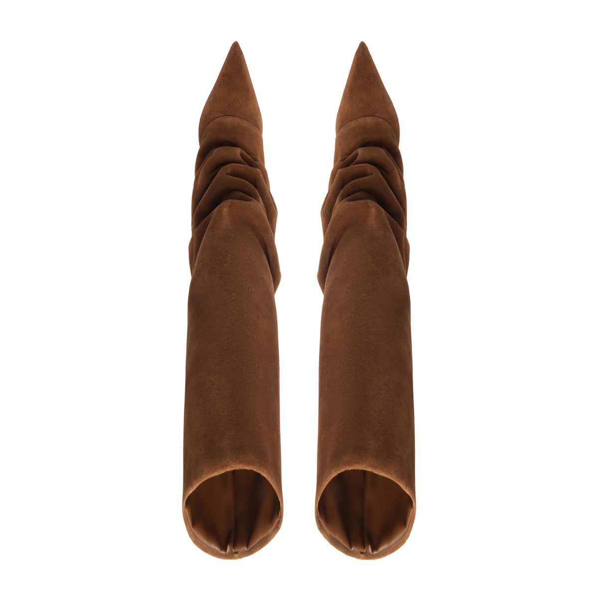 Front view of Mikki Up Cloak suede boots in pecan brown showcasing ruched shafts on a white background