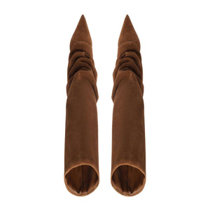 Front view of Mikki Up Cloak suede boots in pecan brown showcasing ruched shafts on a white background