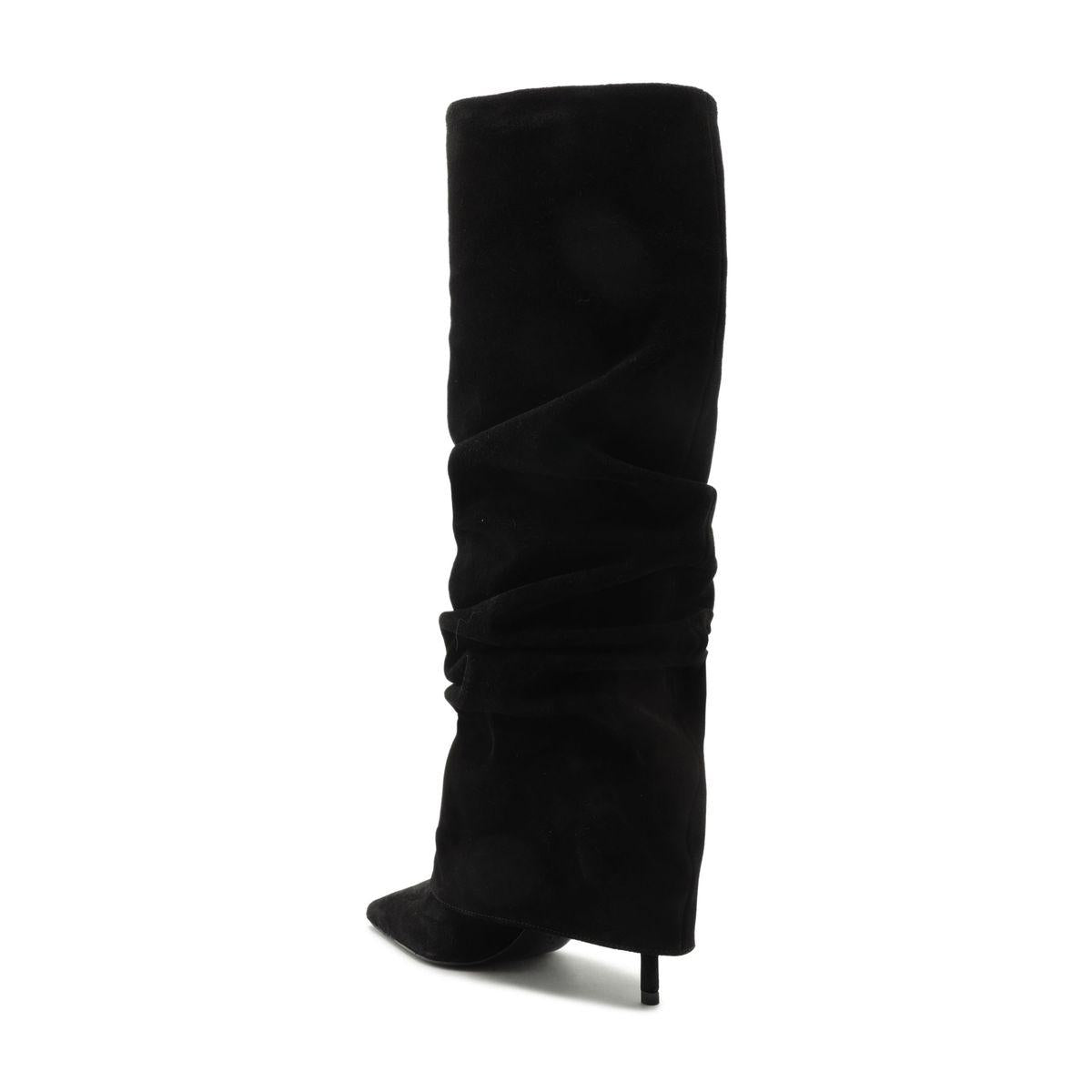 Side view of Mikki Up Cloak suede boot showcasing tall ruched shaft, pointed toe, and slim heel on white background