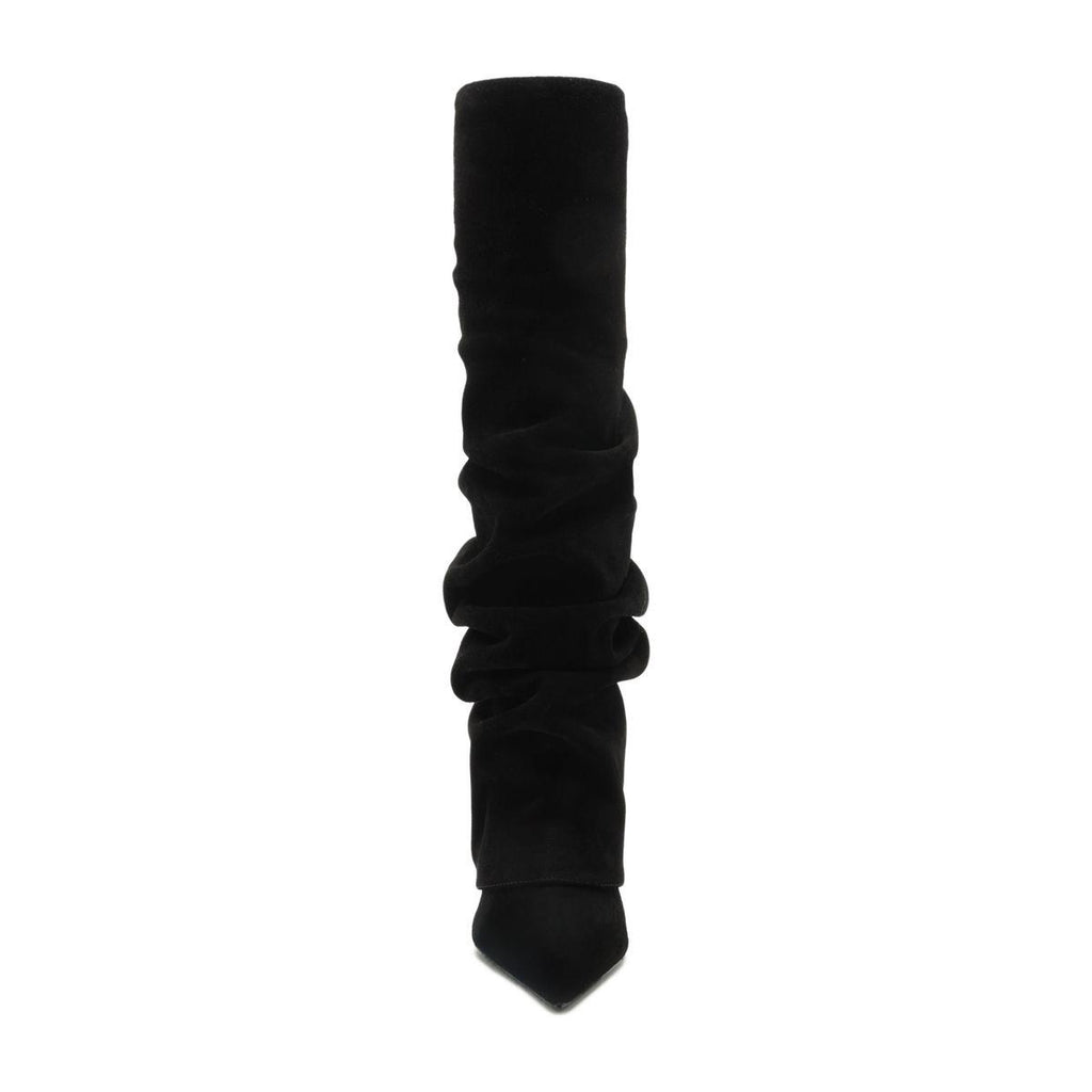 Front view of Mikki Up Cloak suede boot in black showcasing its tall slouchy shaft on a white background