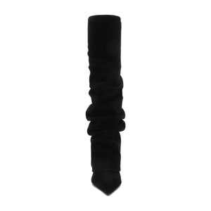 Front view of Mikki Up Cloak suede boot in black showcasing its tall slouchy shaft on a white background