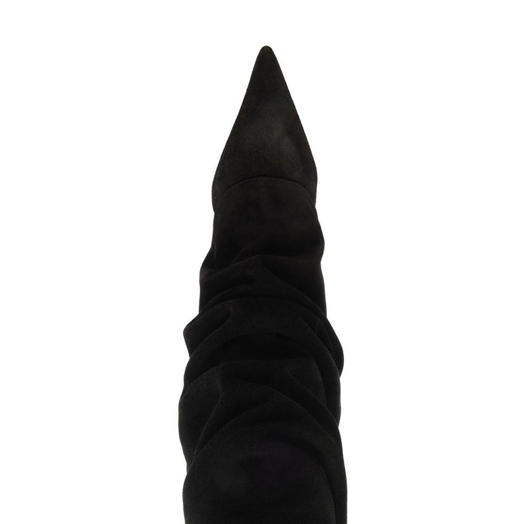 Front view of Mikki Up Cloak Suede Boot in Black showcasing pointed toe and ruched suede shaft with white background