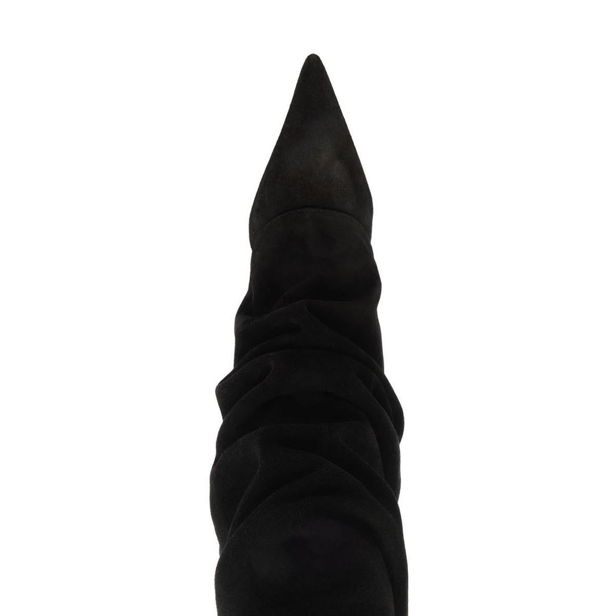 Front view of Mikki Up Cloak Suede Boot in Black showcasing pointed toe and ruched suede shaft with white background