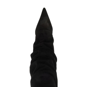 Front view of Mikki Up Cloak Suede Boot in Black showcasing pointed toe and ruched suede shaft with white background