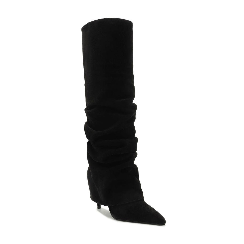 Front view of the Mikki Up Cloak suede boot in black showcasing its tall slouch shaft and pointed toe against a white background