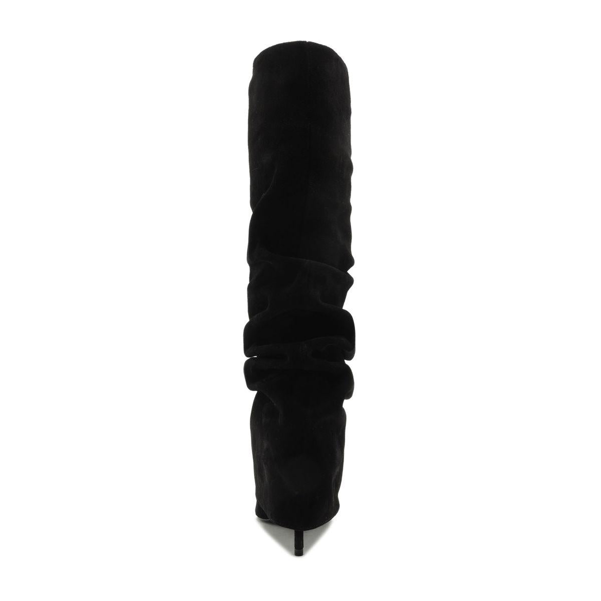 Front view of Mikki Up Cloak suede boot in black showcasing its tall ruched shaft and pointed toe with a white background