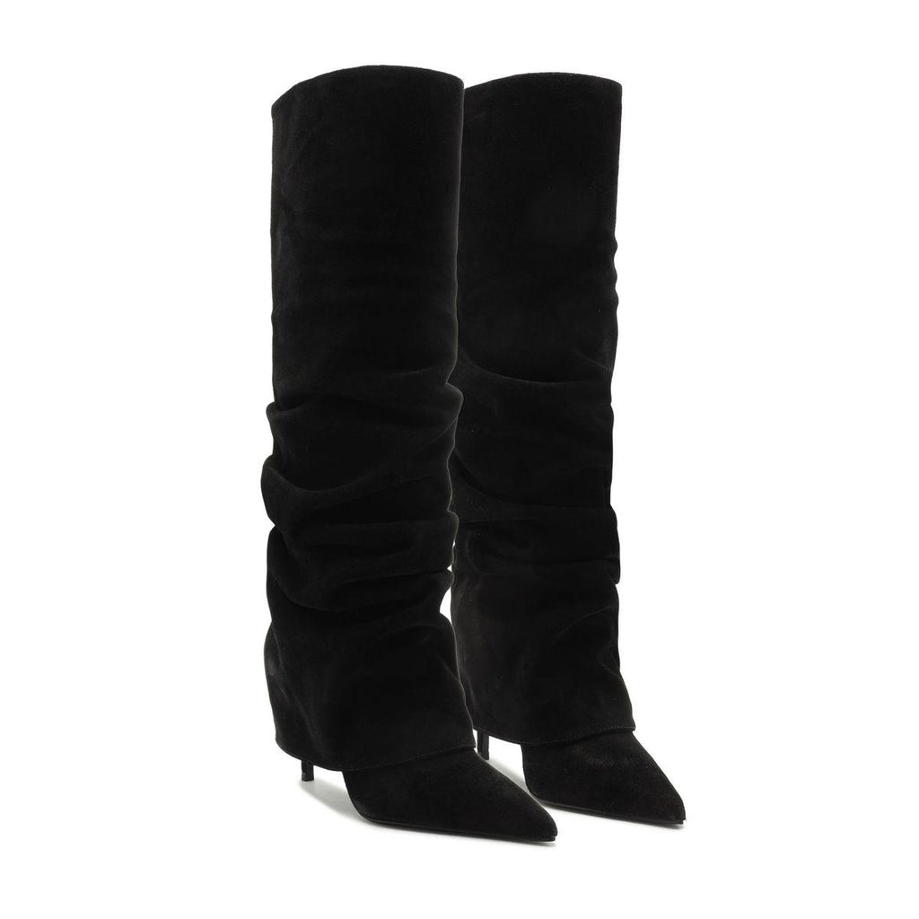 Front view of Mikki Up Cloak suede boots showcasing slouchy tall shafts and pointed toes with a white background