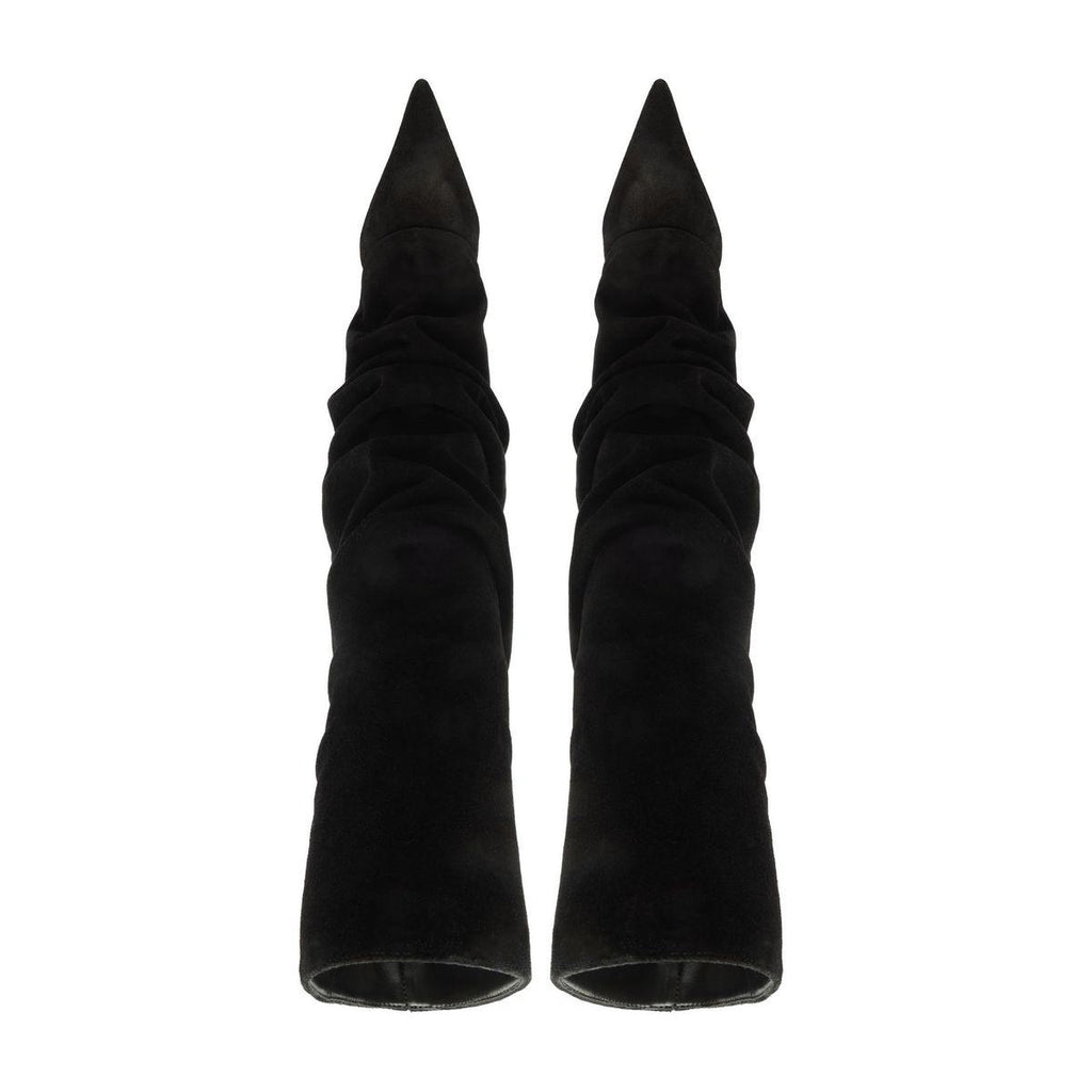Front view of Mikki Up Cloak suede boots in black showcasing pointed toes and ruched shafts on a white background