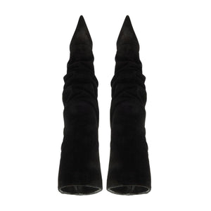 Front view of Mikki Up Cloak suede boots in black showcasing pointed toes and ruched shafts on a white background