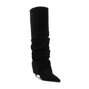 Front view of the Mikki Up Cloak suede boot in black showcasing its tall slouch shaft and pointed toe against a white background