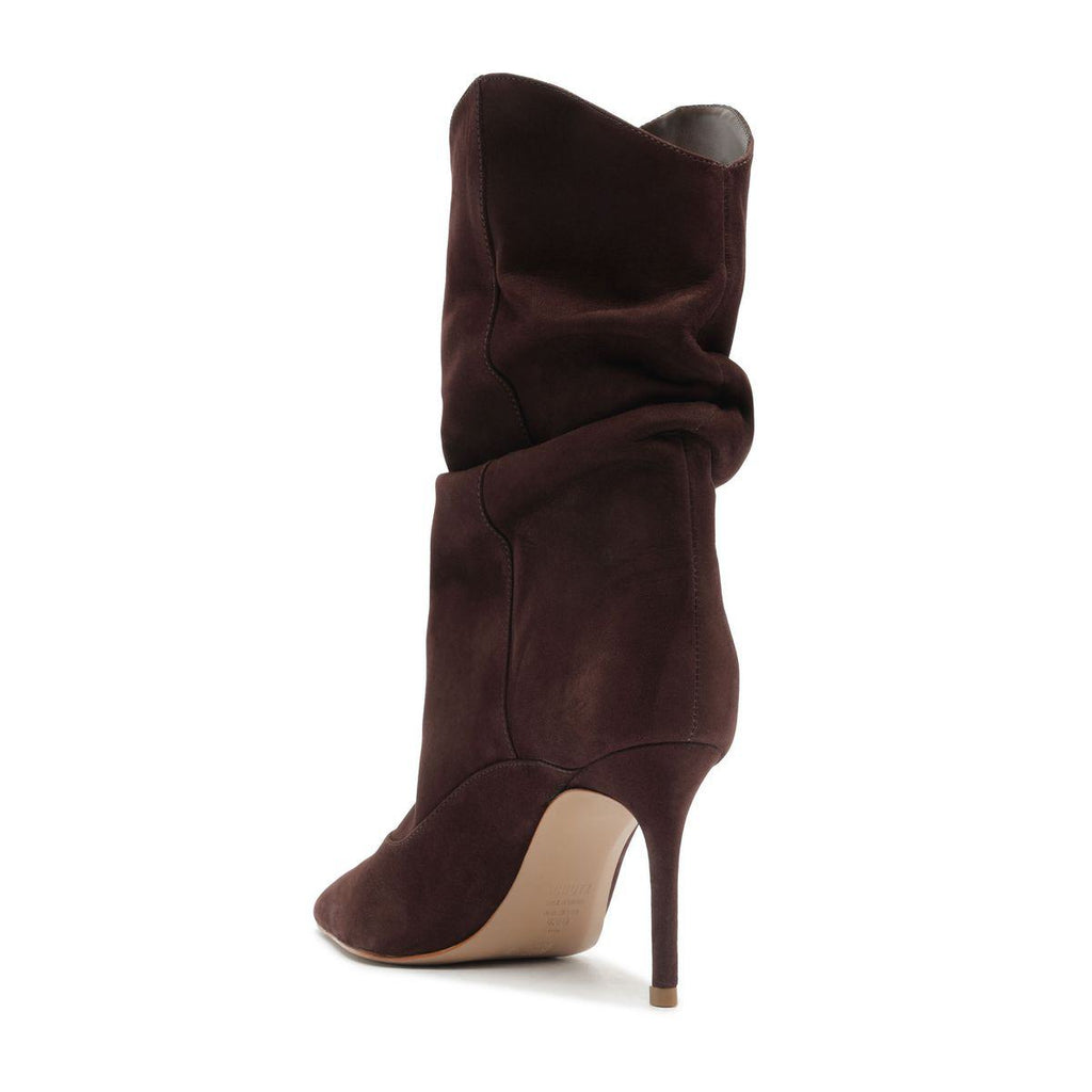 Side view of Maryana slouch nubuck bootie in Maplewood showcasing its slouched shaft and stiletto heel on a white background