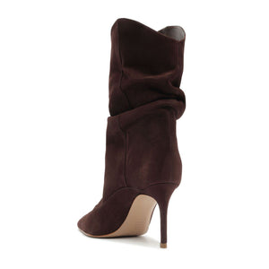 Side view of Maryana slouch nubuck bootie in Maplewood showcasing its slouched shaft and stiletto heel on a white background
