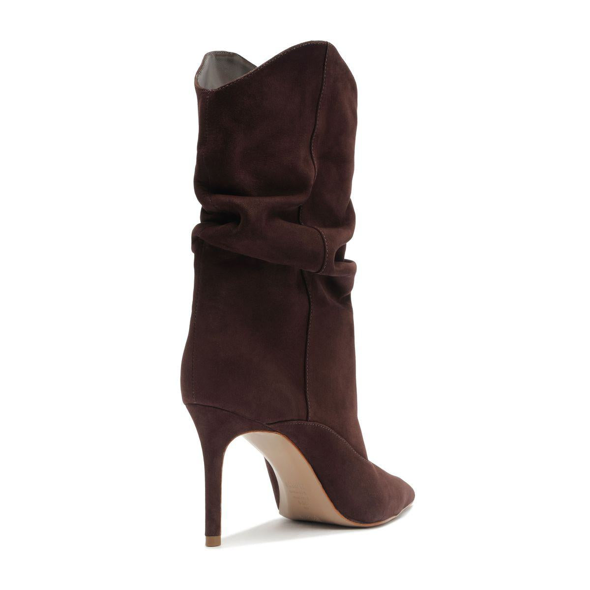Rear three-quarter view of the Maryana Slouch Nubuck Bootie in Maplewood showcasing its slouched shaft and stiletto heel with a white background