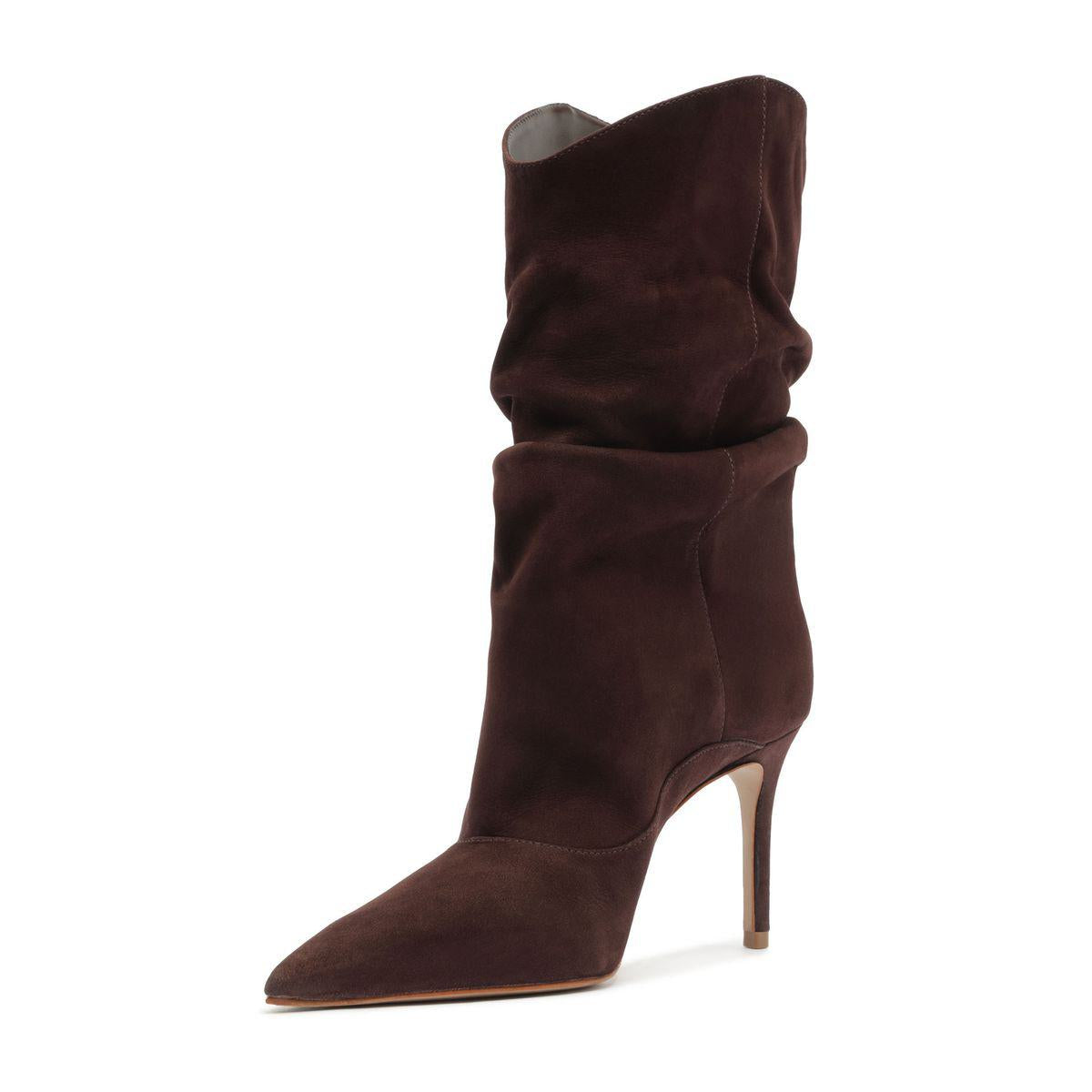 Side view of the Maryana Slouch Nubuck Bootie in Maplewood showcasing its slouched shaft, pointed toe, and stiletto heel with a white background