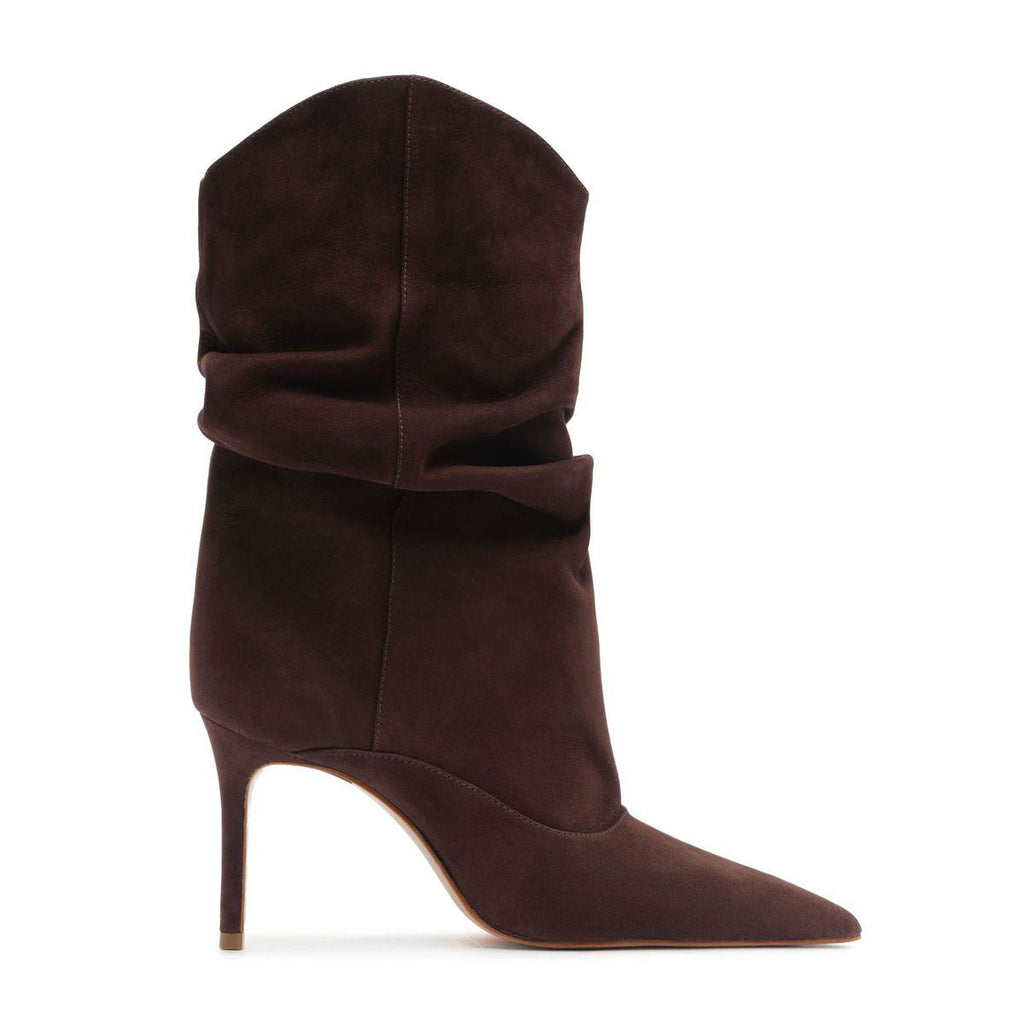 Side view of Maryana Slouch Nubuck Bootie in Maplewood showcasing slouched shaft, pointed toe, and stiletto heel on white