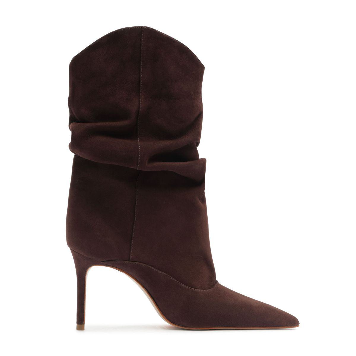 Side view of Maryana Slouch Nubuck Bootie in Maplewood showcasing slouched shaft, pointed toe, and stiletto heel on white