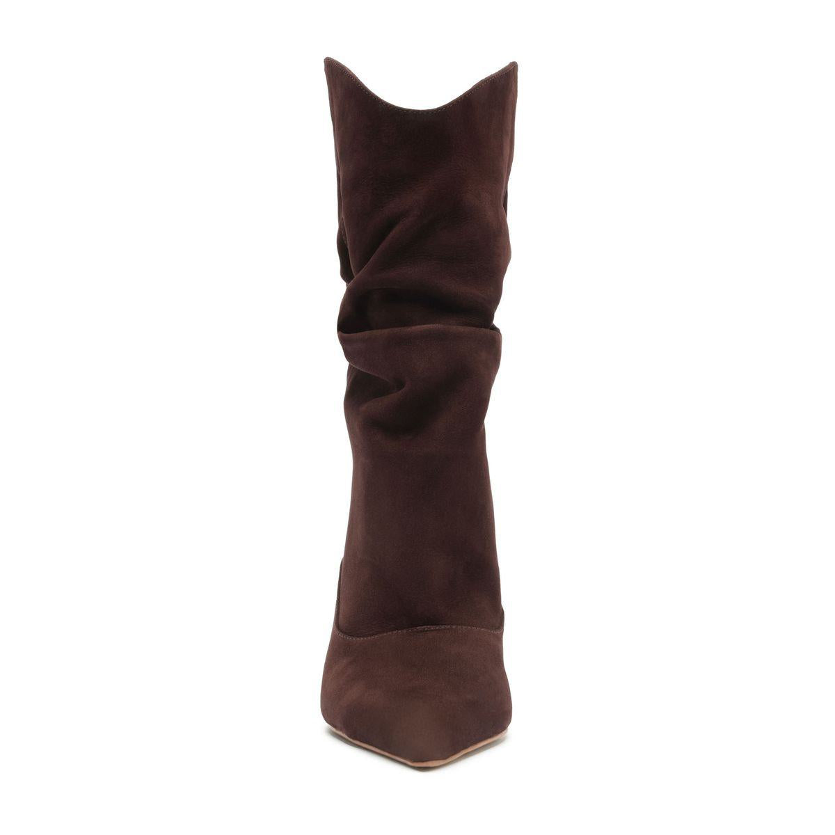 Front view of the Maryana slouch nubuck bootie in Maplewood showcasing its pointed toe and slouched shaft against a white background