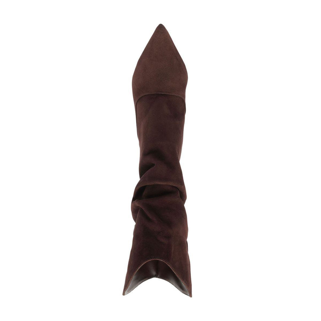 Top view of the Maryana slouch nubuck bootie in Maplewood showcasing its pointed toe and slouched shaft with a white background