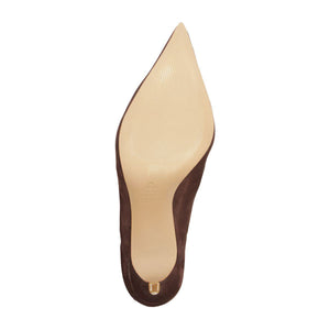 Underside view of Maryana Slouch Nubuck Bootie in Maplewood showcasing pointed toe and leather outsole against a white background