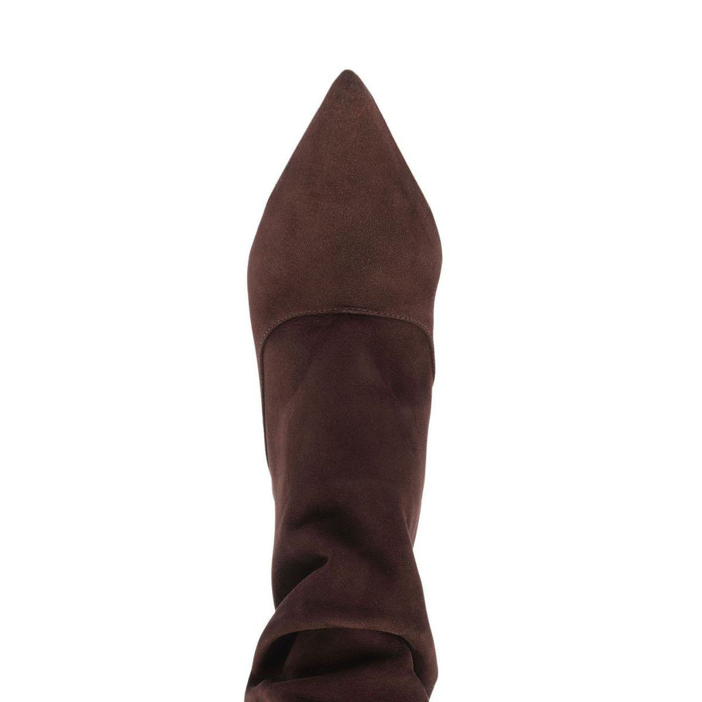 Front view of Maryana Slouch Nubuck Bootie in Maplewood showcasing pointed toe and slouched shaft with white background
