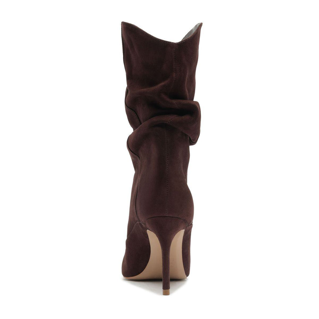 Rear view of Maryana Slouch Nubuck Bootie in Maplewood showcasing its slouched shaft and stiletto heel with a white background