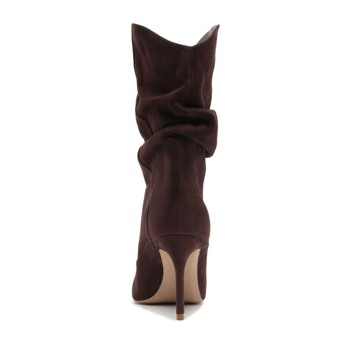 Rear view of Maryana Slouch Nubuck Bootie in Maplewood showcasing its slouched shaft and stiletto heel with a white background