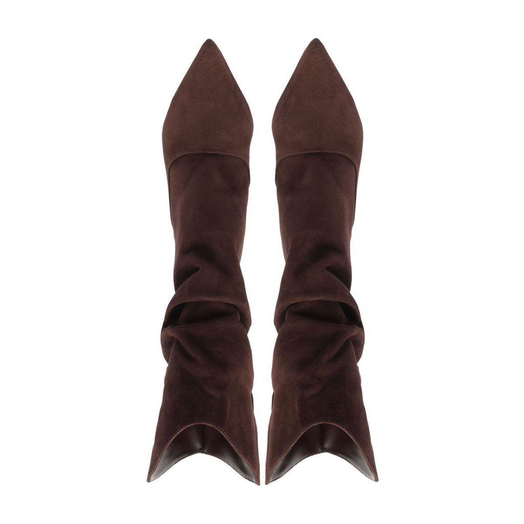 Front view of Maryana Slouch Nubuck Bootie in Maplewood showcasing slouched nubuck shafts and pointed toes with a white background