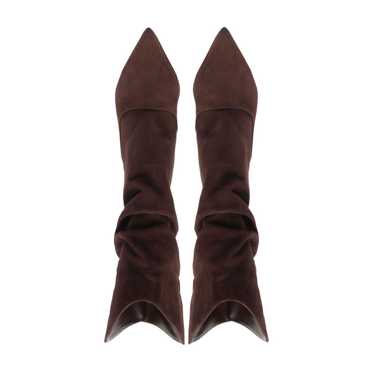 Front view of Maryana Slouch Nubuck Bootie in Maplewood showcasing slouched nubuck shafts and pointed toes with a white background